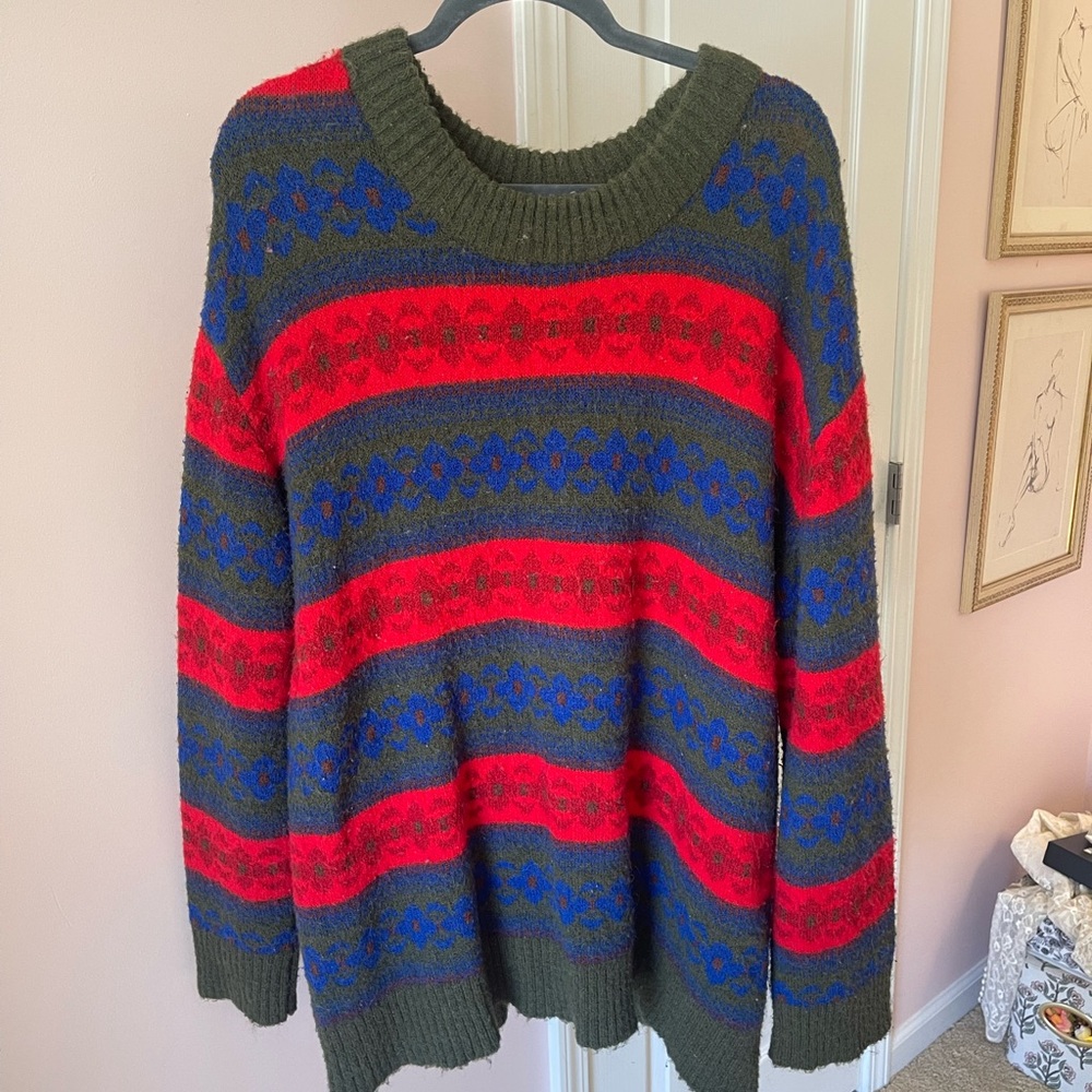 Olive, Red & Blue Striped Women's Sweater
